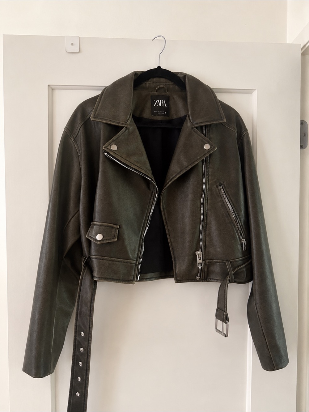 Zara Black Faux Leather Cropped Biker Jacket with Belt